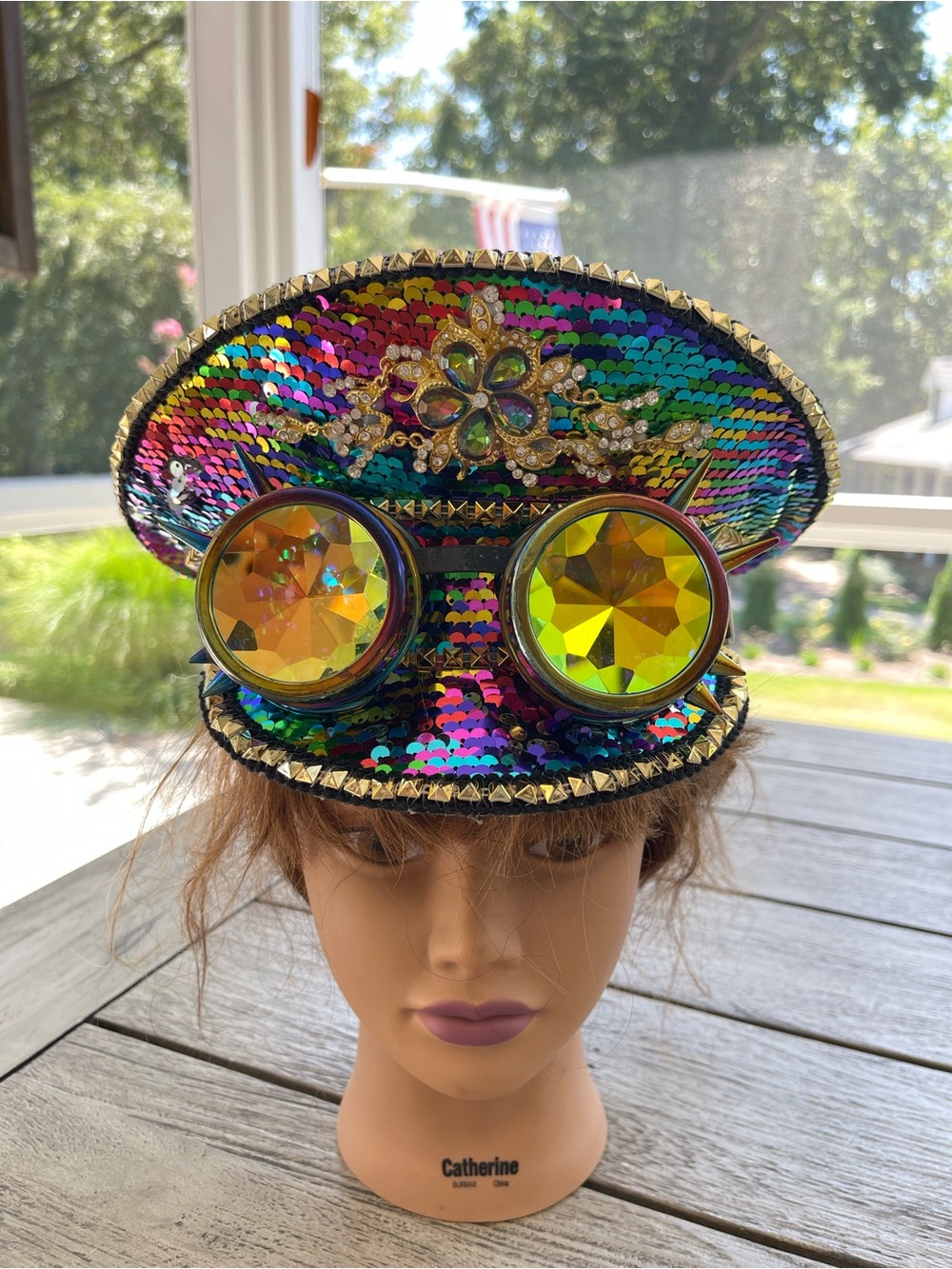 Steampunk Rainbow Sequin Iridescent Captains Hat with Kaleidoscope Goggles